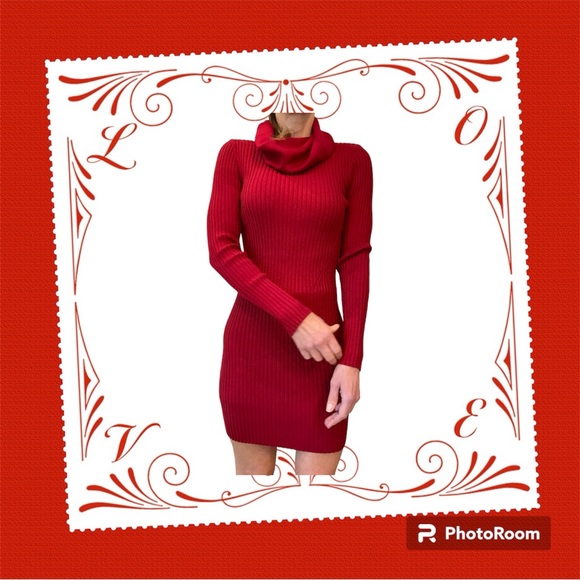 Valentine Red Sweater Dress Bodycon Fit Long Sleeve, Cow Neck, Short Length Sz S - Picture 9 of 11